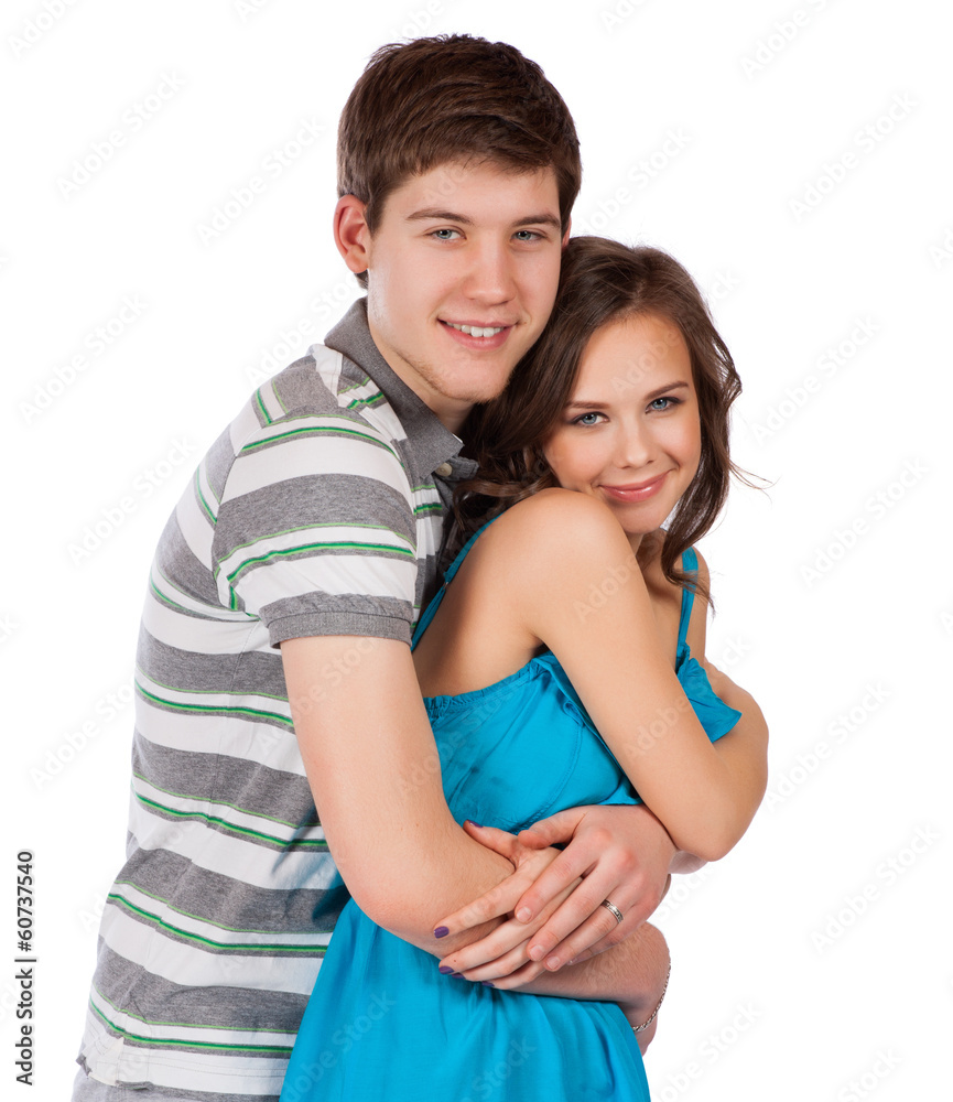 Happy smiling couple in love. Over white background Happy smiling couple in love. Over white background