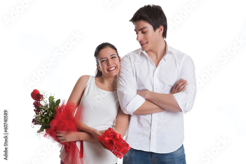 Valentine couple with roses and gift