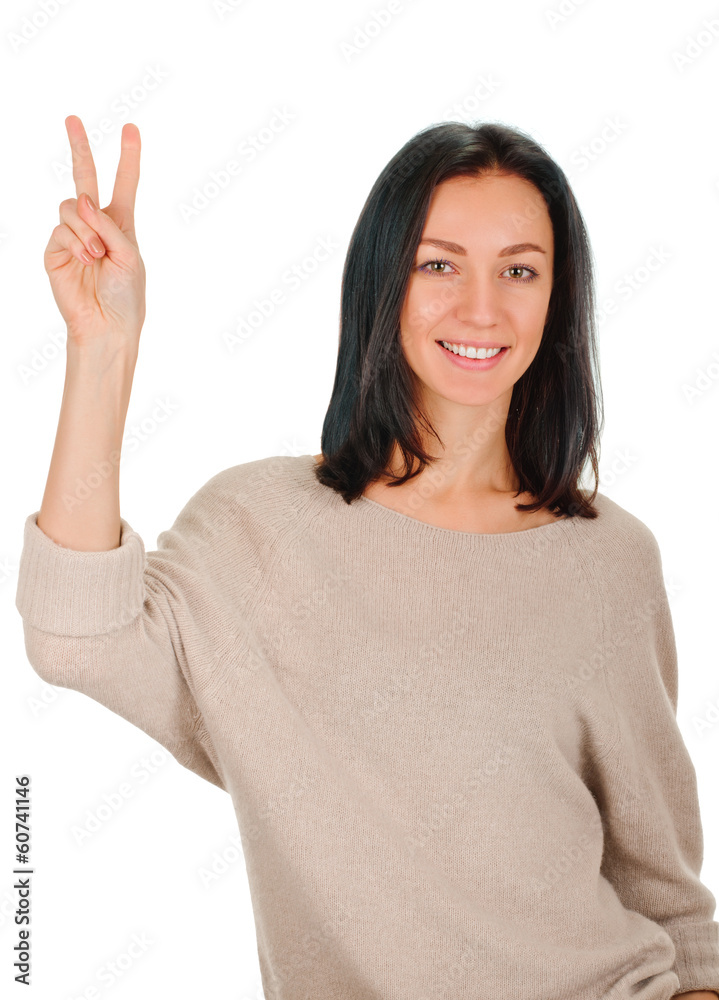 young woman shows sign and symbol by hands on white background young woman shows sign and symbol by hands on white background