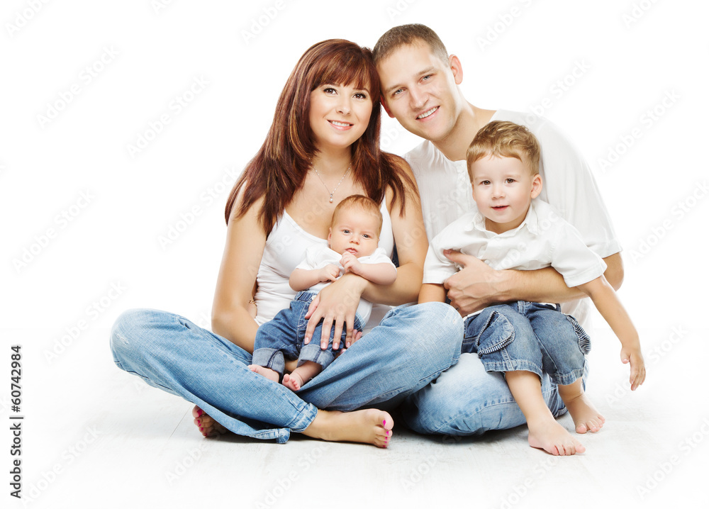 Young family four persons, smiling father mother and two childre Young family four persons, smiling father mother and two childre