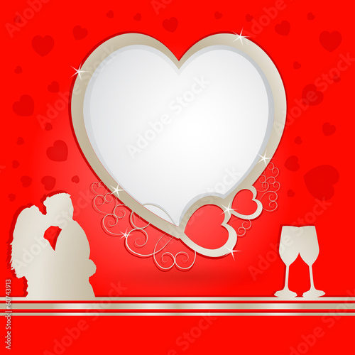 Golden heart frame with lovers and champagne