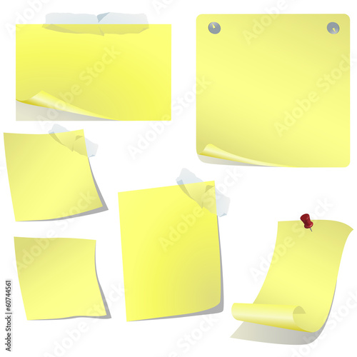 Yellow blank curved pinned memo paper on white