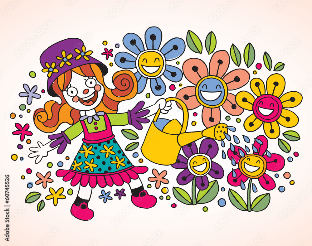 Naklejka premium Little girl watering flowers