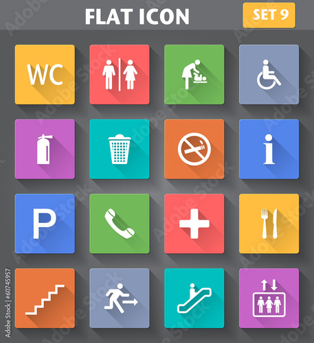 Public Icons set in flat style with long shadows.