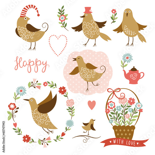 Cute birds, holiday graphic elements, vector collection