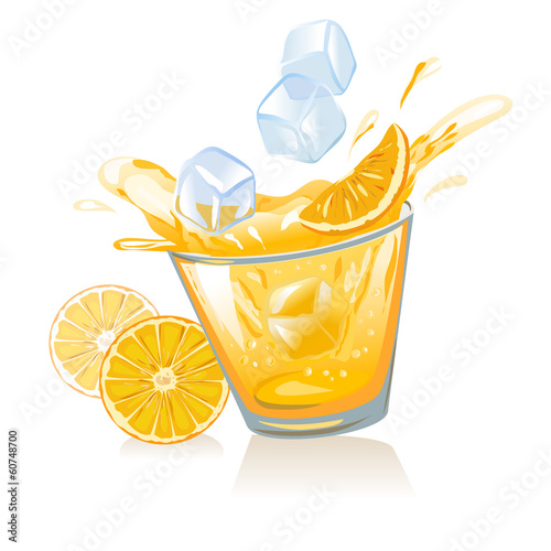 glass of orange juice and ice cubes