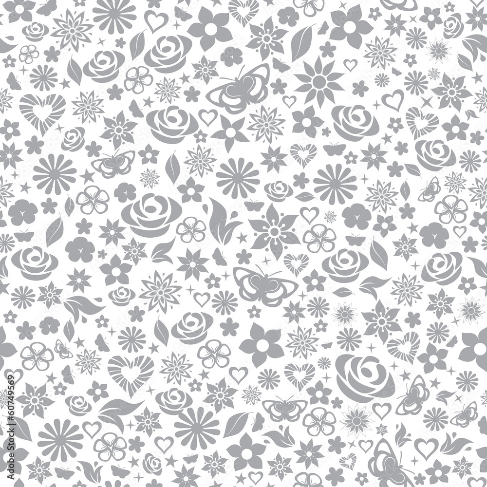 Seamless pattern of flowers, gray on white Seamless pattern of flowers, gray on white