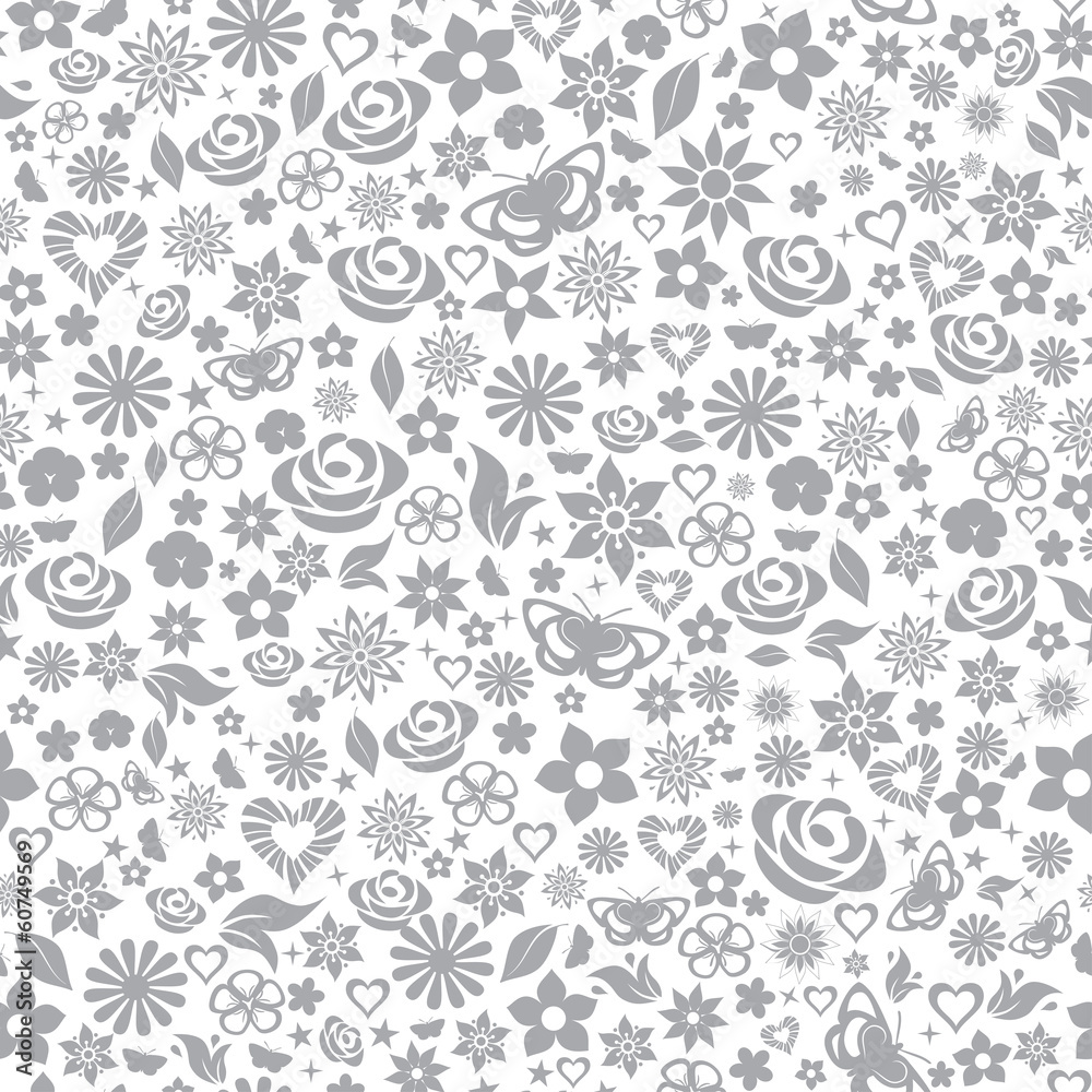 Seamless pattern of flowers, gray on white