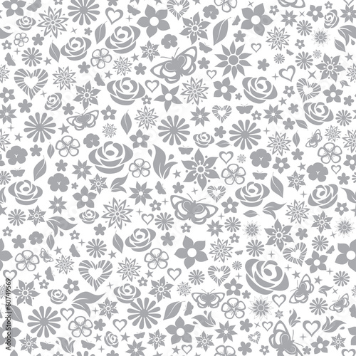 Seamless pattern of flowers, gray on white