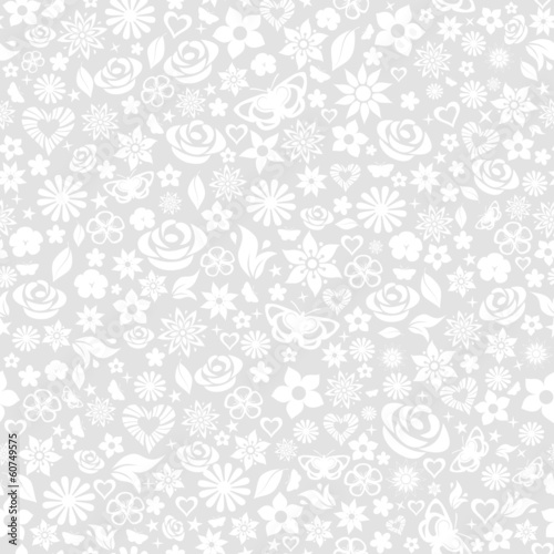 Seamless pattern of flowers, white on gray
