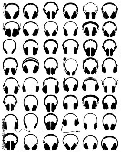 Big set of black silhouettes of headphones, vector