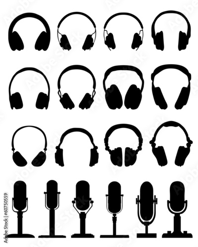 Black silhouettes of headphones and microphones, vector