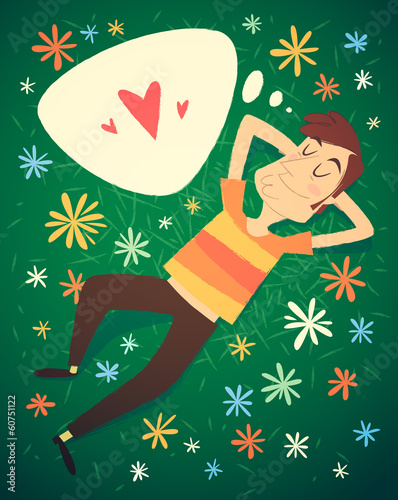 Young man lying on grass. Vector illustration
