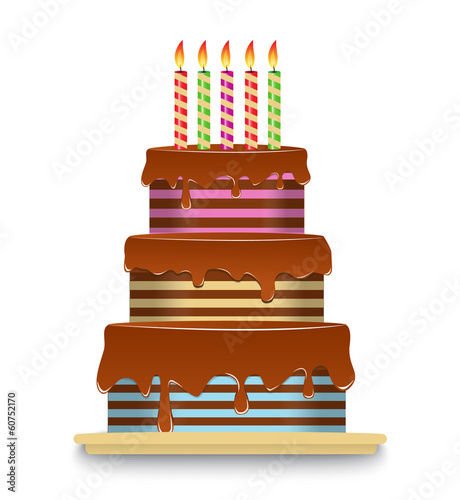 three-tiered chocolate cake with candles
