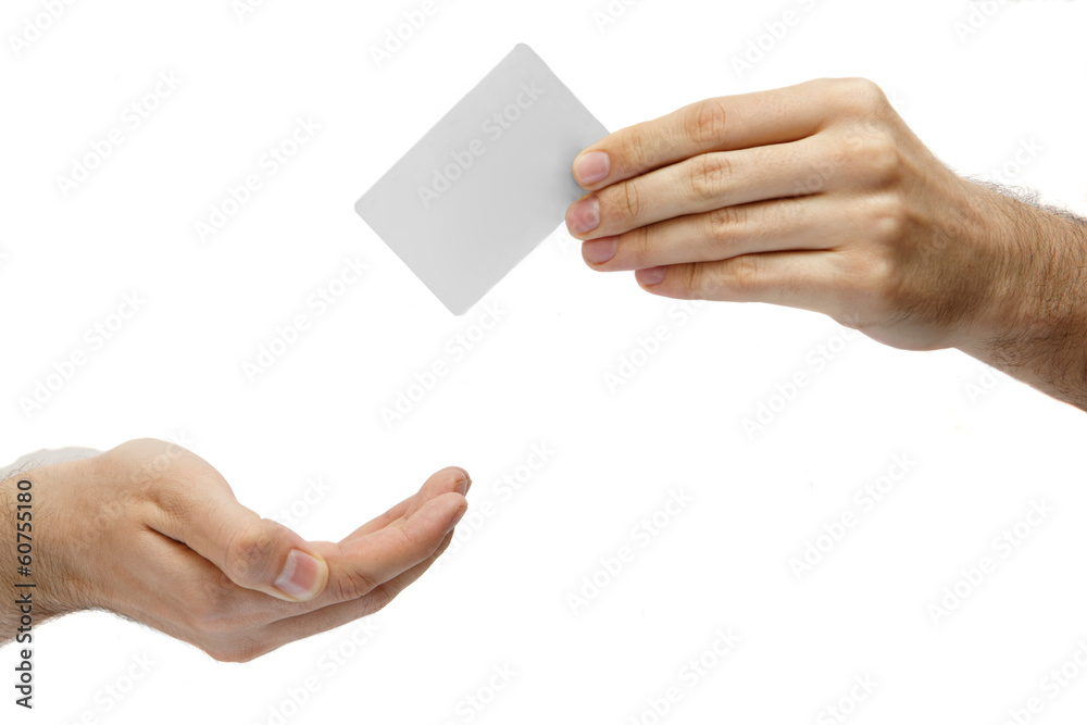 Businessman passing white card. isolated on white background Businessman passing white card. isolated on white background