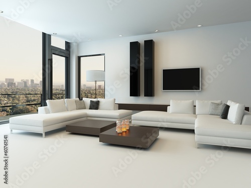 Modern white living room with wooden furniture