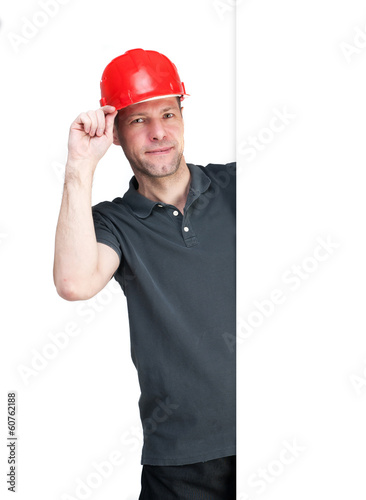 Worker man in red helmet isolated on white background