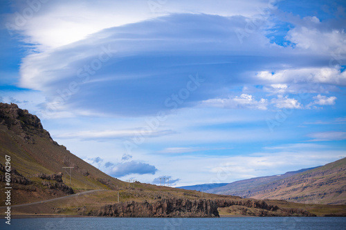 Icelandic mountain landscape under a blue summer sky