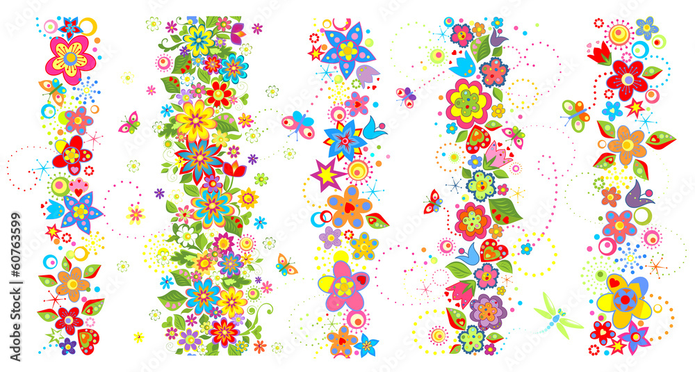 Seamless borders with funny colorful flowers