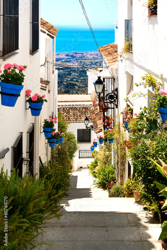 Canvas-taulu Beautiful street with flowers in the Mijas town, Spain