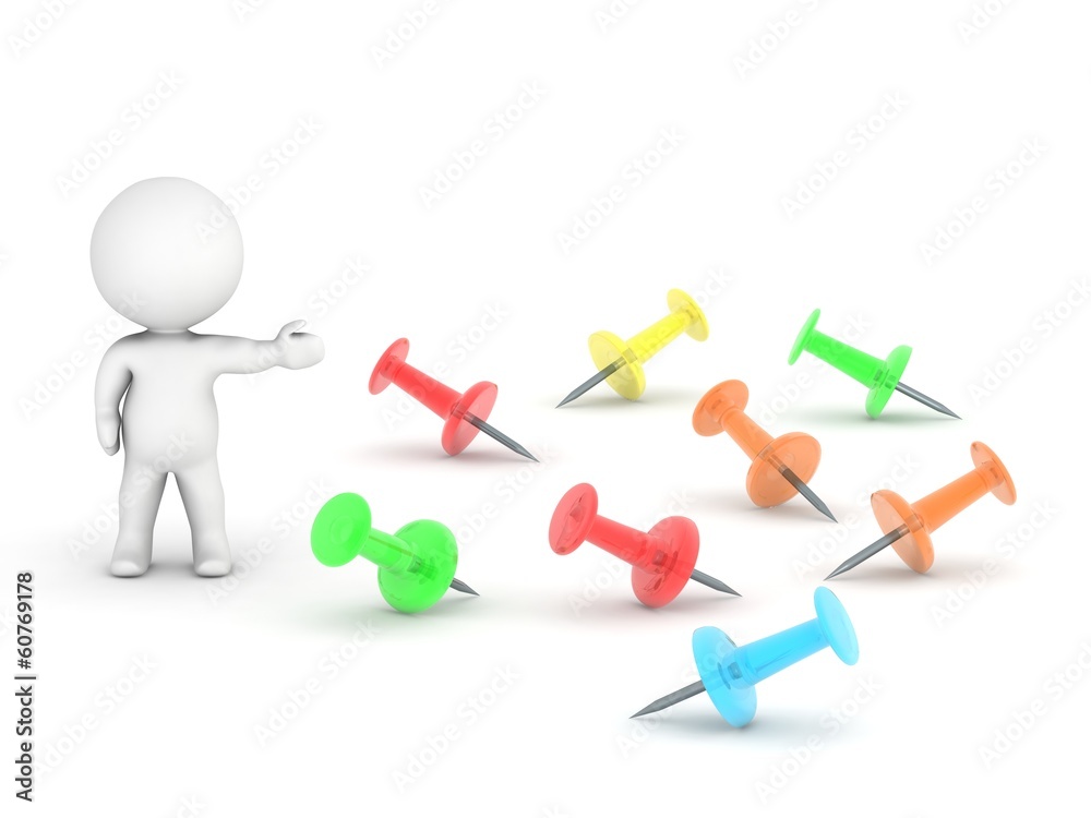 3D Man showing colorful pins 3D Man showing colorful pins