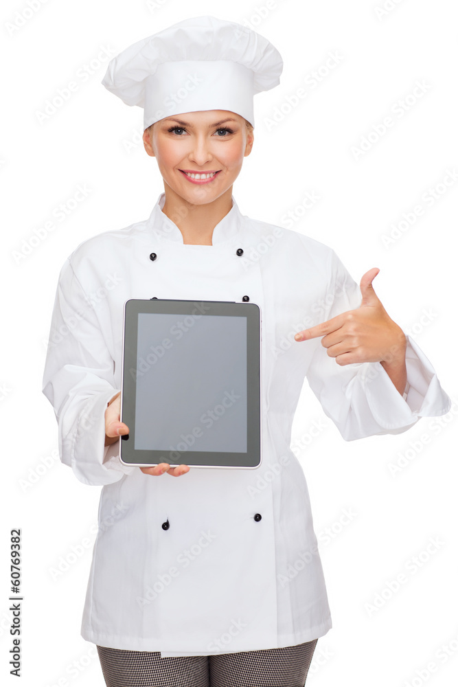 smiling female chef with tablet pc blank screen smiling female chef with tablet pc blank screen