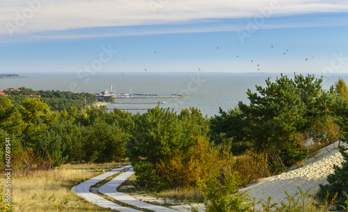 View on Curonian Lagoon from sandy dune near resort city Nida