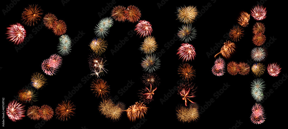 Firework Bursts Arranged in to the Number 2014