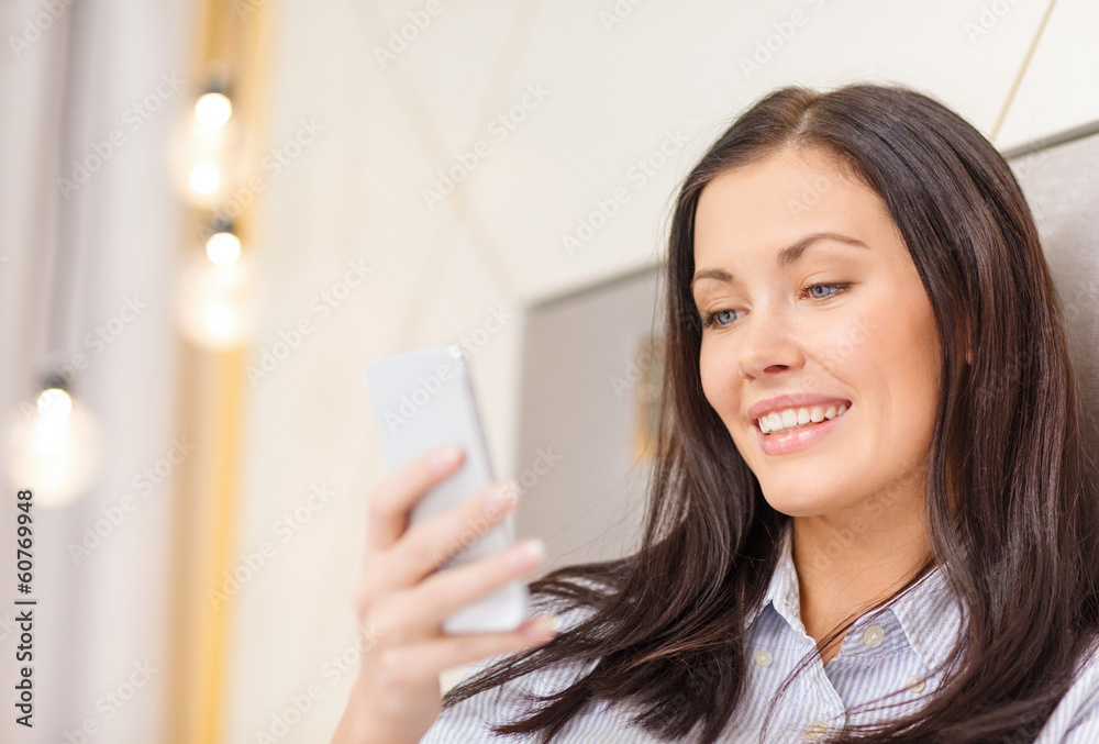happy businesswoman with smartphone in hotel room happy businesswoman with smartphone in hotel room