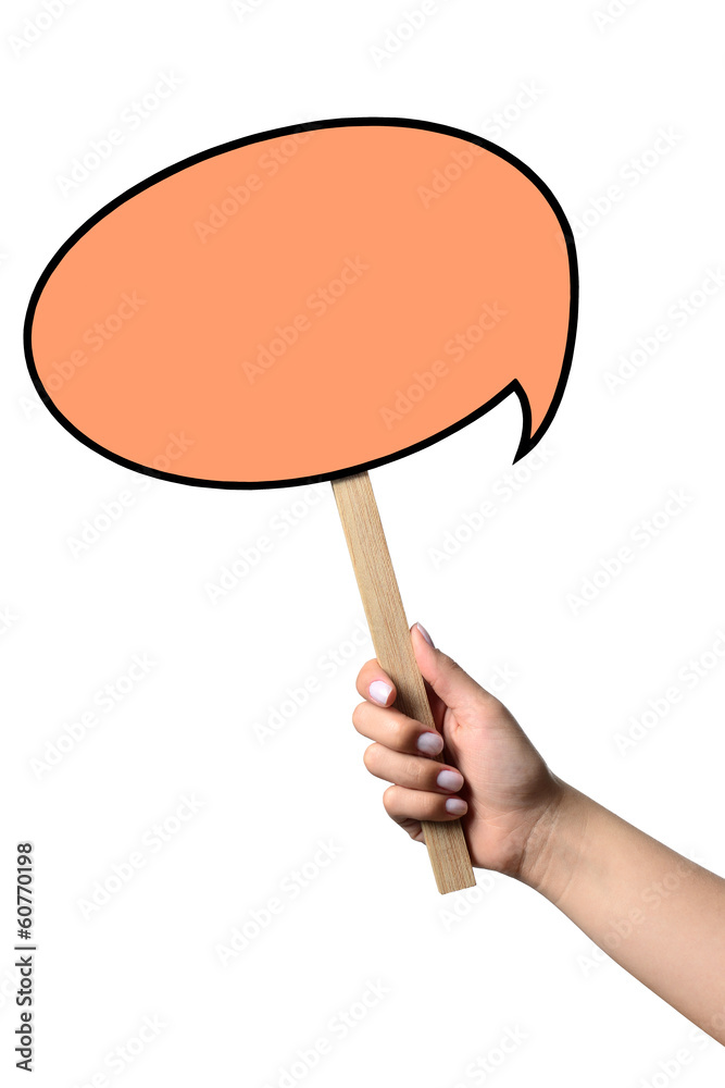 A hand holding a orange speech bubble
