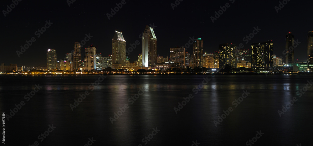 Panoramic skyline of San Diego, California at night