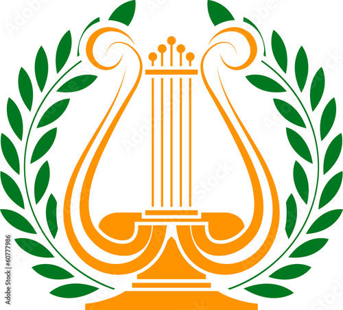 stencil of lyre and laurel wreath.