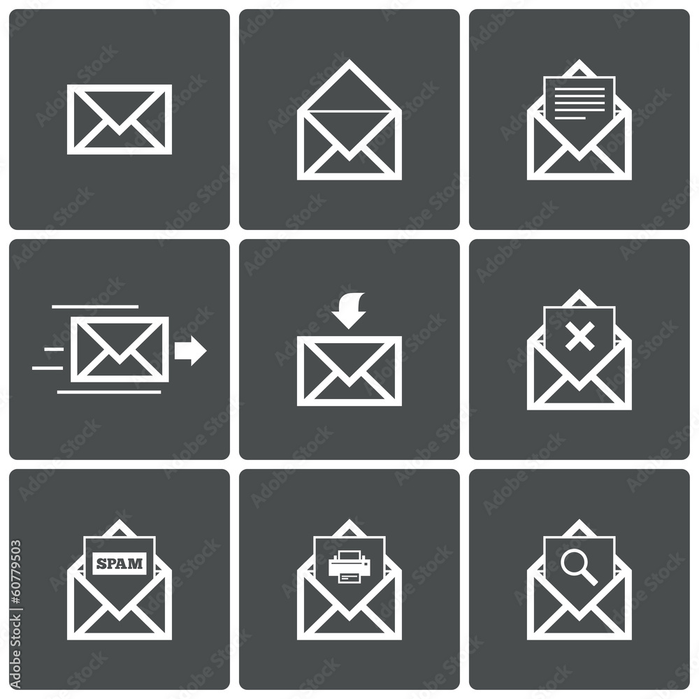 Mail icons. Mail delivery symbol. Print. Spam.