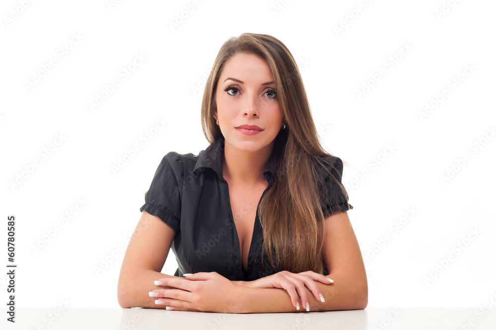 Satisfied businesswoman at the desk on white background. Satisfied businesswoman at the desk on white background.