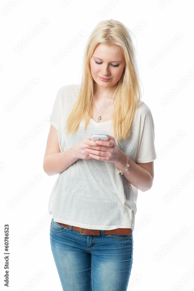 Blondes Mädchen simst mit Handy Blondes Mädchen simst mit Handy