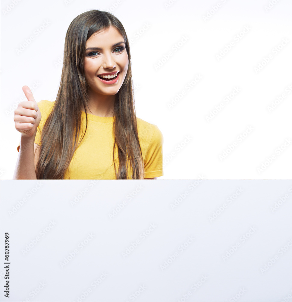 Young smiling woman show blank board. Young smiling woman show blank board.