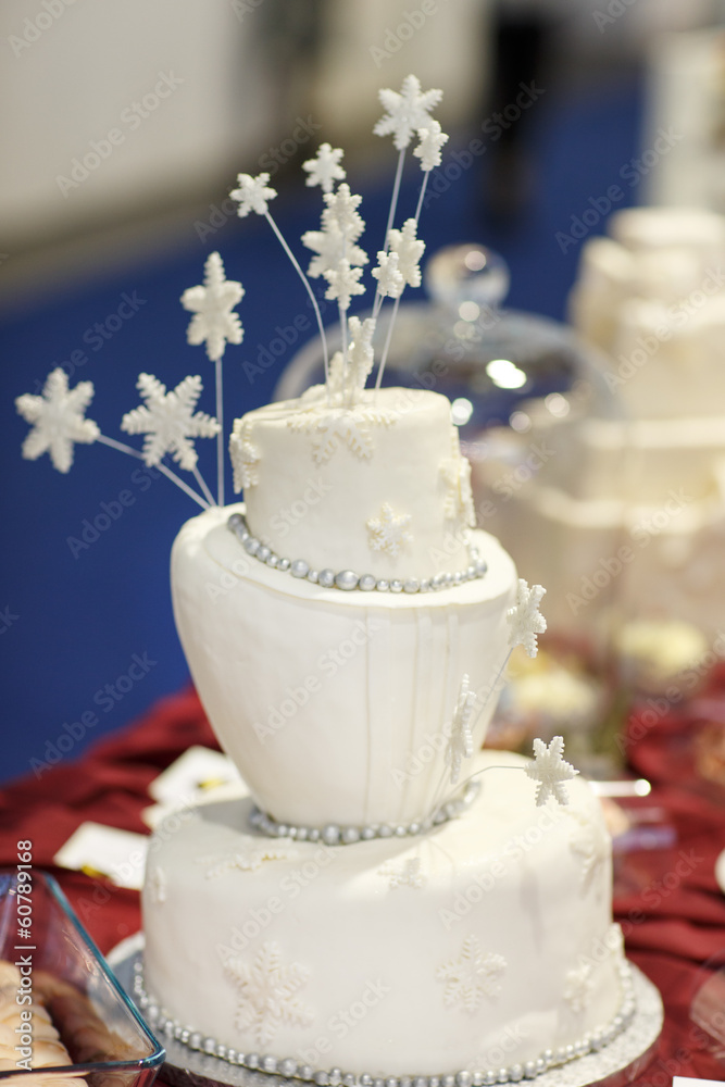 Beautiful wedding cake in white with snowflokes . Beautiful wedding cake in white with snowflokes .