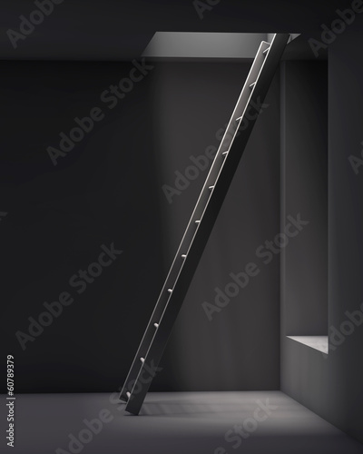 ladder in the grey interior with a hale on the ceiling