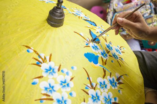Photography umbrella painting, flower hand paining on yellow umbrella