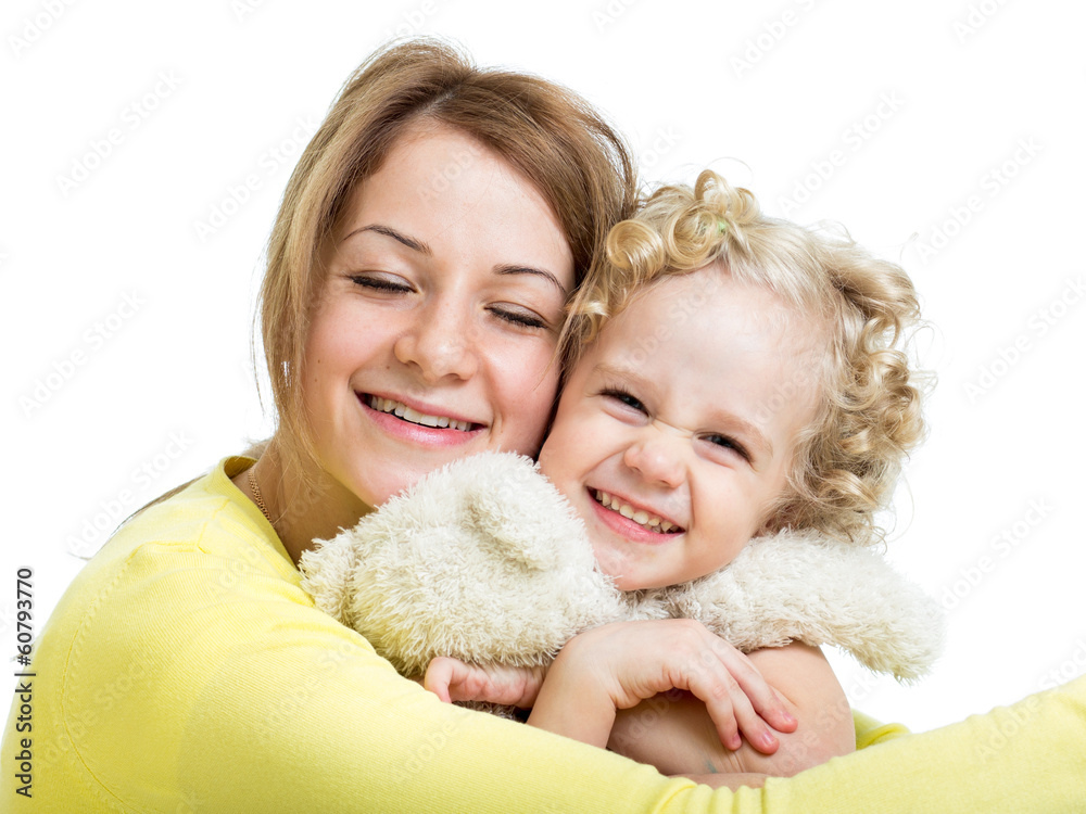 mother embracing with her kid girl and plush toy mother embracing with her kid girl and plush toy