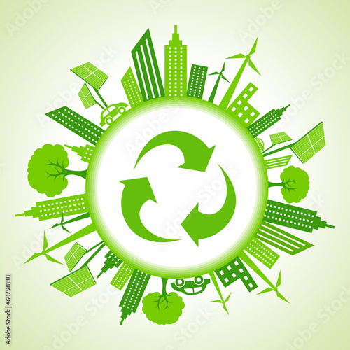 Eco cityscape around a recycle icon stock vector