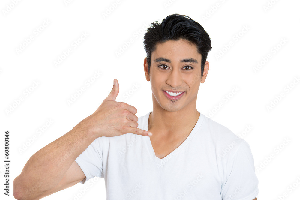 Man making call me gesture with hand, isolated white background Man making call me gesture with hand, isolated white background
