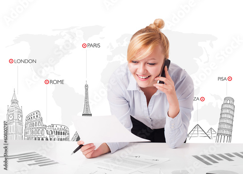Photography Beautiful businesswoman with world map and major landmarks of th
