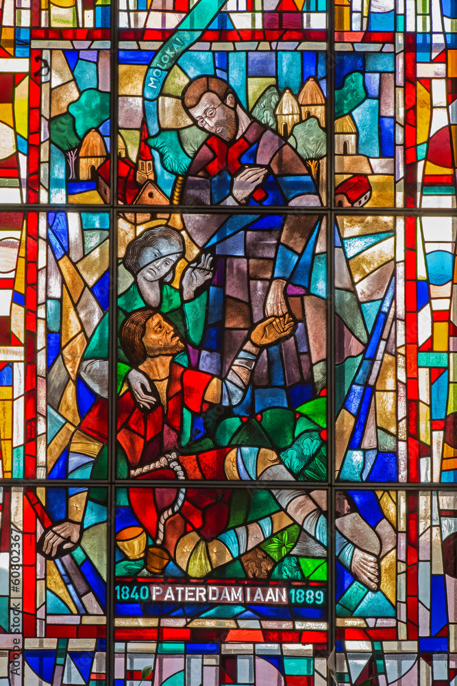 Leuven - windowpane - St. Damien de Vesper inter his leprous