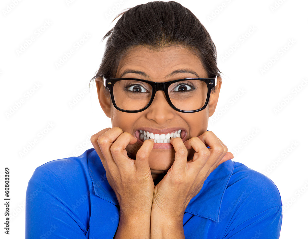 Closeup portrait anxious nervous, nerdy looking woman Closeup portrait anxious nervous, nerdy looking woman