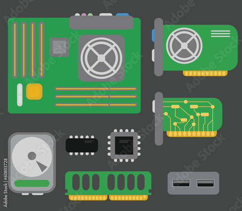vector collection of personal computer parts: motherboard, video