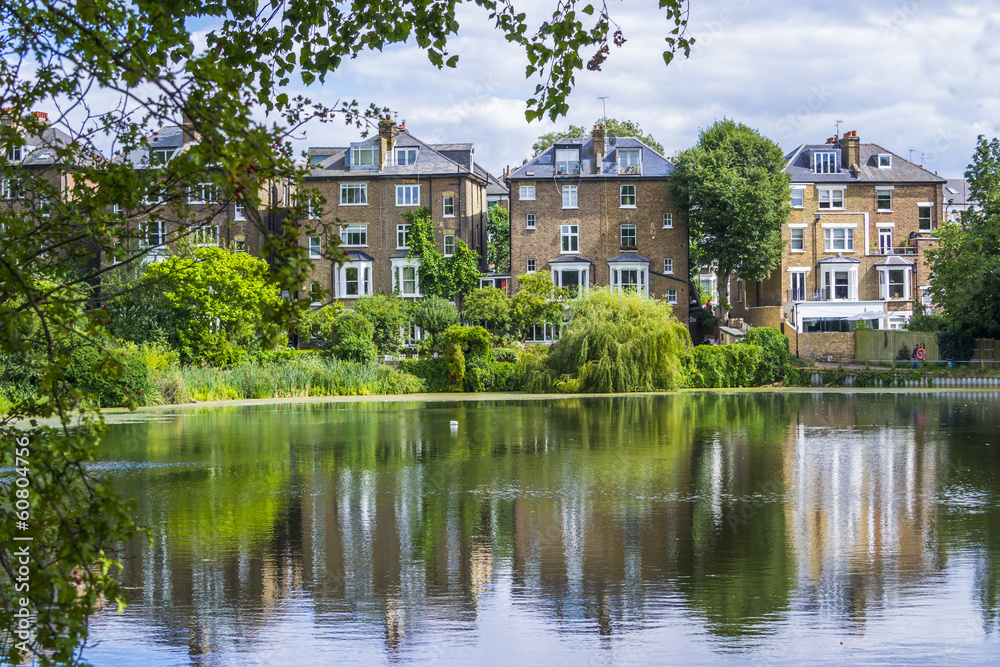 View of a small lake in the suburbs of London, UK