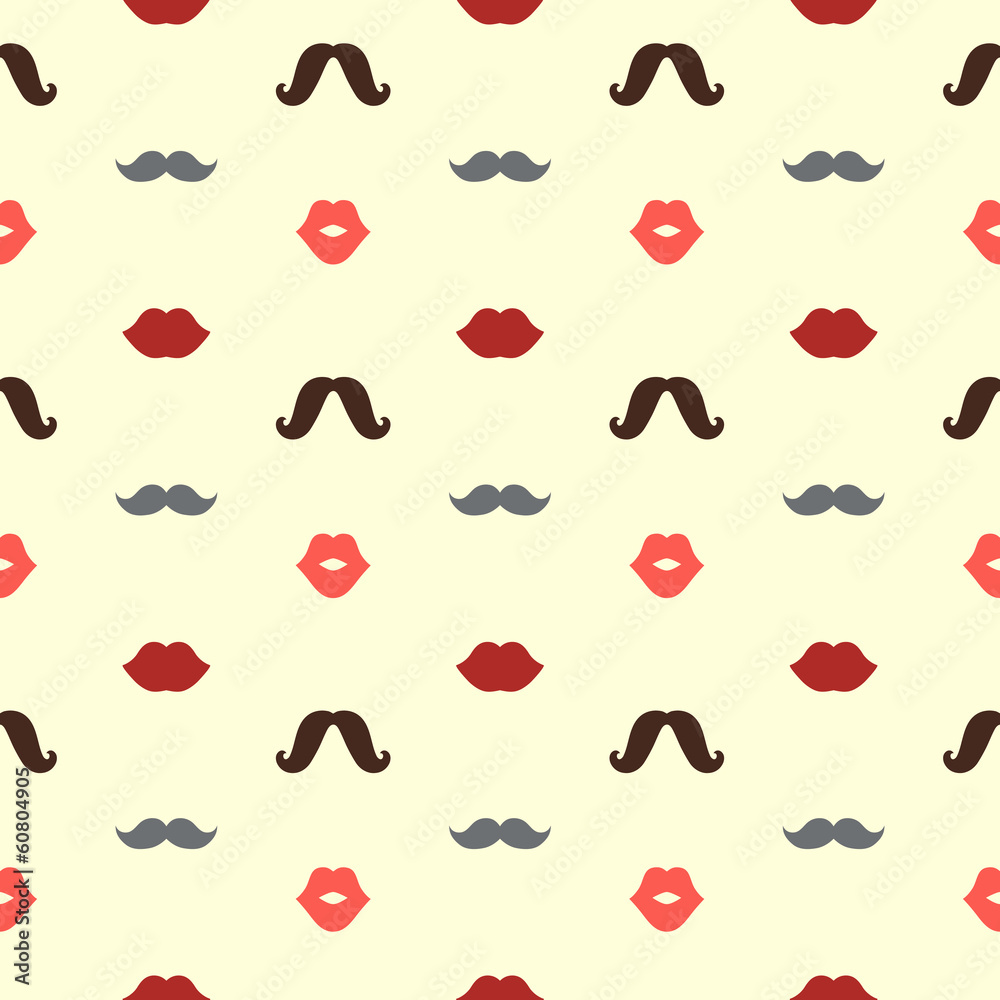 Fototapeta premium Hipster Lips and Mustaches Vector Seamless Pattern, Illustration
