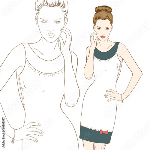 Stylish girl in dress hand drawn vector illustration
