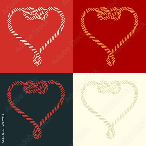 Set of four stylized heart rope shaped with knot